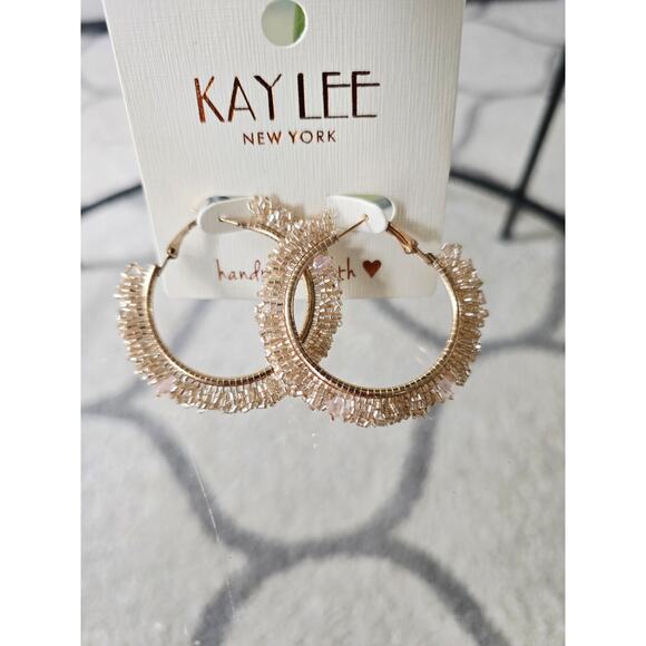 Kay Lee Gold Beaded Hoop Earrings New - Picture 1 of 4